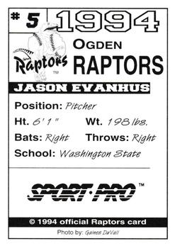 1994 Sport Pro Ogden Raptors #5 Jason Evenhus Back