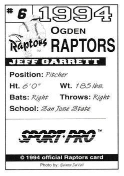 1994 Sport Pro Ogden Raptors #6 Jeff Garrett Back