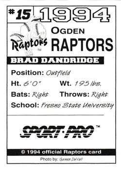 1994 Sport Pro Ogden Raptors #15 Brad Dandridge Back