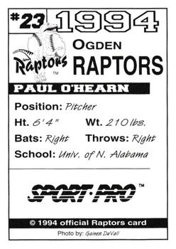 1994 Sport Pro Ogden Raptors #23 Paul O'Hearn Back