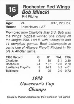 1988 Pucko Rochester Red Wings Governor's Cup #16 Bob Milacki Back