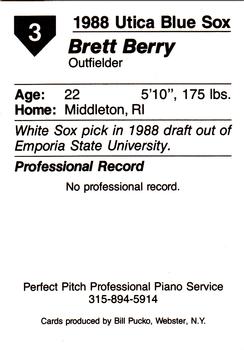1988 Pucko Utica Blue Sox #3 Brett Berry Back