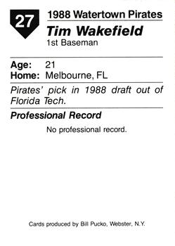 1988 Pucko Watertown Pirates #27 Tim Wakefield Back