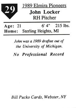 1989 Pucko Elmira Pioneers #29 John Locker Back