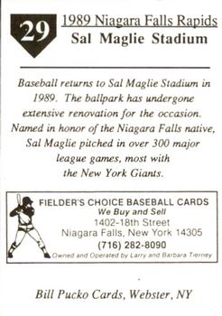 1989 Pucko Niagara Falls Rapids #29 Sal Maglie Stadium Back