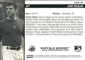 2012 Choice Buffalo Bisons #29 Joe Golia Back