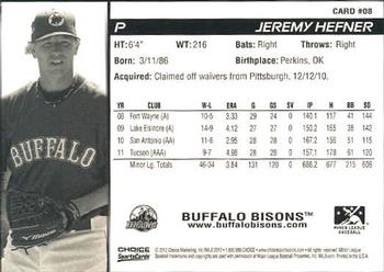 2012 Choice Buffalo Bisons #8 Jeremy Hefner Back