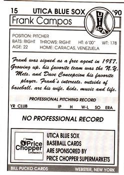 1990 Pucko Utica Blue Sox #15 Frank Campos Back