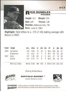 2008 Choice Buffalo Bisons #17 Rich Rundles Back