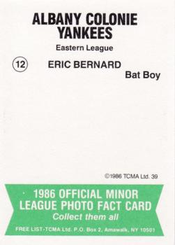 1986 TCMA Albany-Colonie Yankees #12 Eric Bernard Back