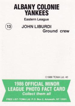 1986 TCMA Albany-Colonie Yankees #13 John Liburdi Back