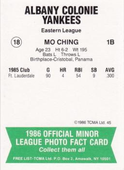 1986 TCMA Albany-Colonie Yankees #18 Mo Ching Back