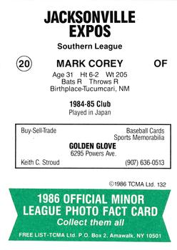1986 TCMA Jacksonville Expos #20 Mark Corey Back