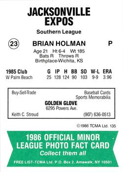 1986 TCMA Jacksonville Expos #23 Brian Holman Back