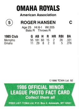 1986 TCMA Omaha Royals #5 Roger Hansen Back