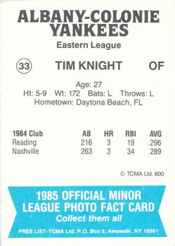 1985 TCMA Albany-Colonie Yankees #33 Tim Knight Back