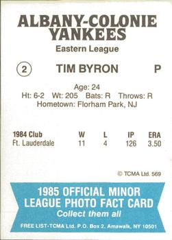 1985 TCMA Albany-Colonie Yankees #2 Tim Byron Back