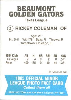 1985 TCMA Beaumont Golden Gators #2 Rickey Coleman Back