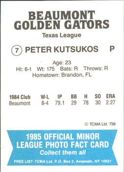 1985 TCMA Beaumont Golden Gators #7 Peter Kutsukos Back