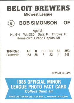 1985 TCMA Beloit Brewers #6 Bob Simonson Back