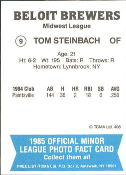 1985 TCMA Beloit Brewers #9 Tom Steinbach Back