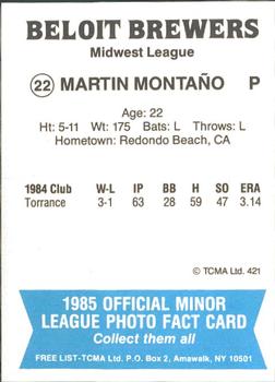 1985 TCMA Beloit Brewers #22 Martin Montano Back