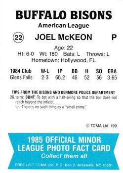 1985 TCMA Buffalo Bisons #22 Joel McKeon Back