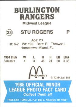 1985 TCMA Burlington Rangers #23 Stu Rogers Back