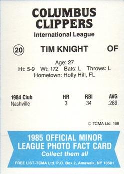 1985 TCMA Columbus Clippers #20 Tim Knight Back