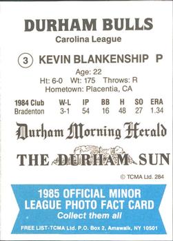 1985 TCMA Durham Bulls #3 Kevin Blankenship Back
