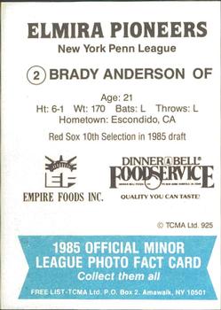 1985 TCMA Elmira Pioneers #2 Brady Anderson Back