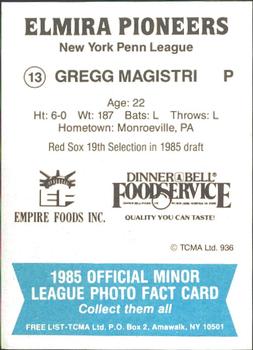 1985 TCMA Elmira Pioneers #13 Gregg Magistri Back