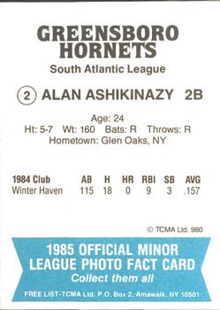 1985 TCMA Greensboro Hornets #2 Alan Ashkinazy Back