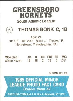 1985 TCMA Greensboro Hornets #5 Thomas Bonk Back