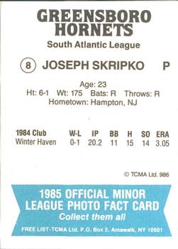 1985 TCMA Greensboro Hornets #8 Joseph Skripko Back