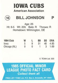 1985 TCMA Iowa Cubs #16 Bill Johnson Back