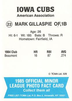 1985 TCMA Iowa Cubs #22 Mark Gillaspie Back
