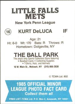 1985 TCMA Little Falls Mets #16 Kurt DeLuca Back