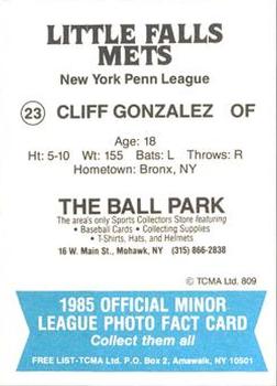 1985 TCMA Little Falls Mets #23 Cliff Gonzalez Back