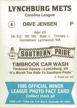 1985 TCMA Lynchburg Mets #8 Dave Jensen Back