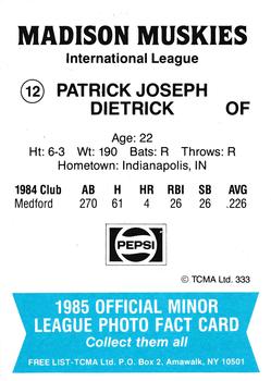 1985 TCMA Madison Muskies #12 Patrick Dietrick Back
