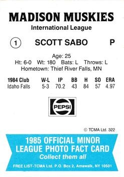 1985 TCMA Madison Muskies #1 Scott Sabo Back