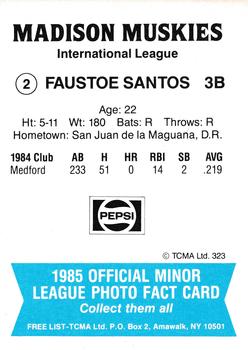 1985 TCMA Madison Muskies #2 Faustoe Santos Back