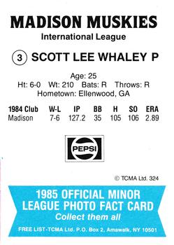 1985 TCMA Madison Muskies #3 Scott Whaley Back