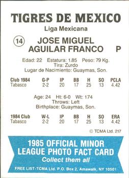1985 TCMA Mexico City Tigers #14 Jose Aguilar Back