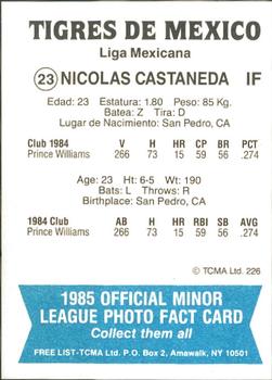1985 TCMA Mexico City Tigers #23 Nicolas Castaneda Back