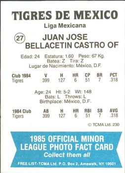 1985 TCMA Mexico City Tigers #27 Juan Bellacetin Back