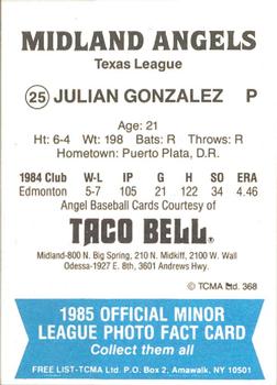 1985 TCMA Midland Angels #25 Julian Gonzalez Back