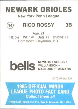 1985 TCMA Newark Orioles #14 Rico Rossy Back