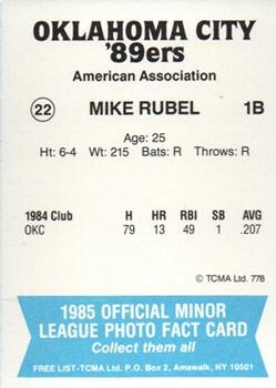 1985 TCMA Oklahoma City 89ers #22 Mike Rubel Back